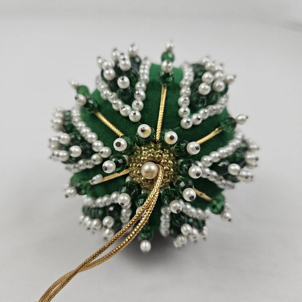 Vintage Satin Velvet Beaded Sequin Push Pin Christmas Tree Ornament Green